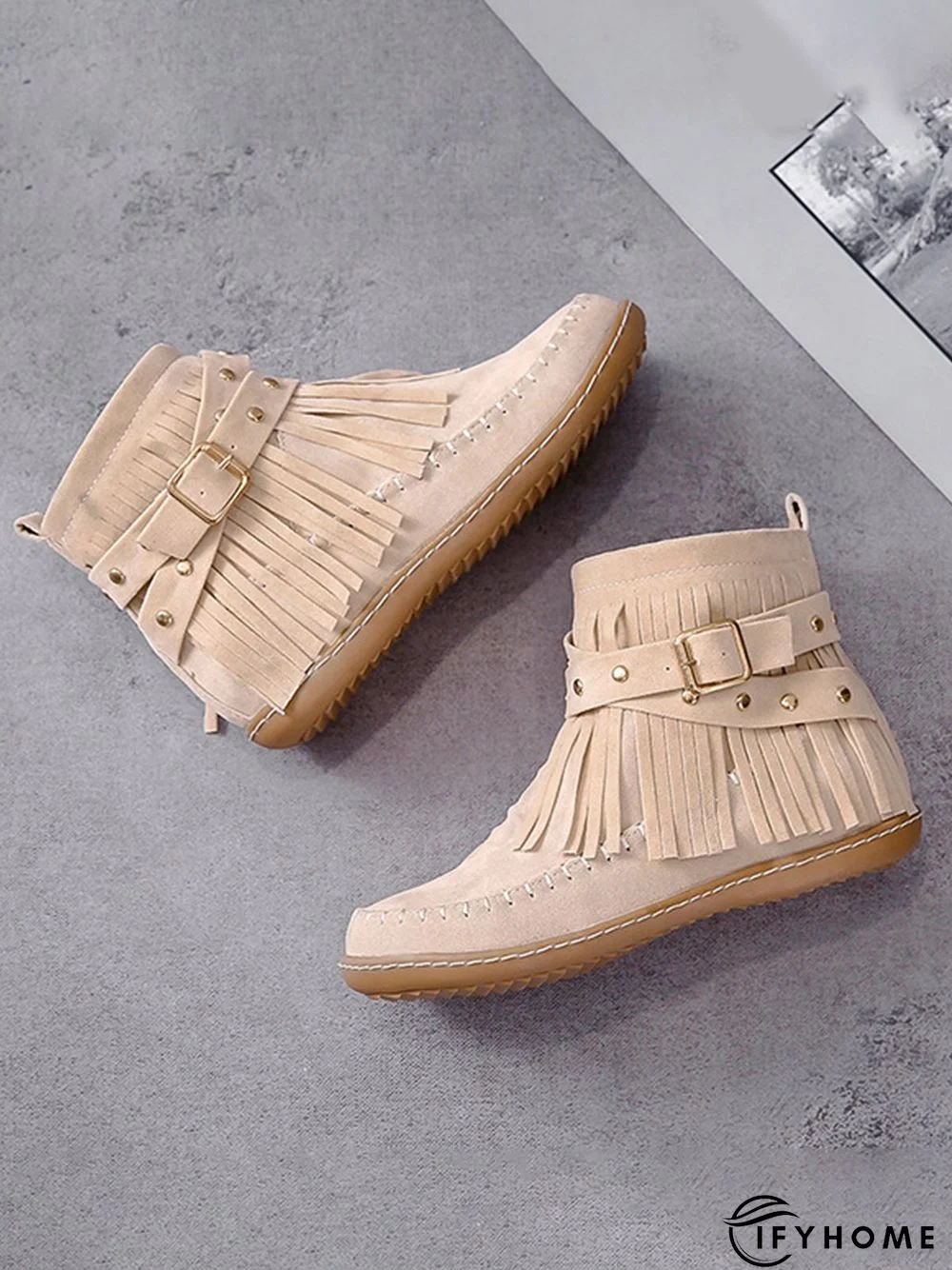 Vintage Fringe Studded Flat Round Toe Buckle Booties | IFYHOME