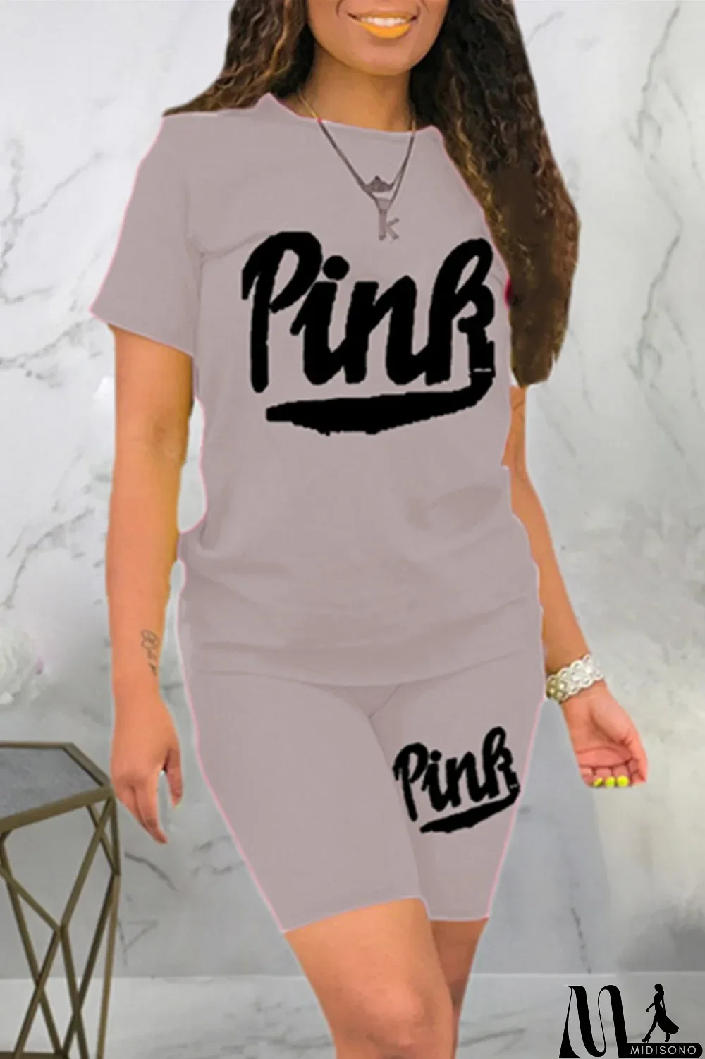 MidiSono - Black Fashion Casual Letter Print Basic O Neck Short Sleeve Two Pieces