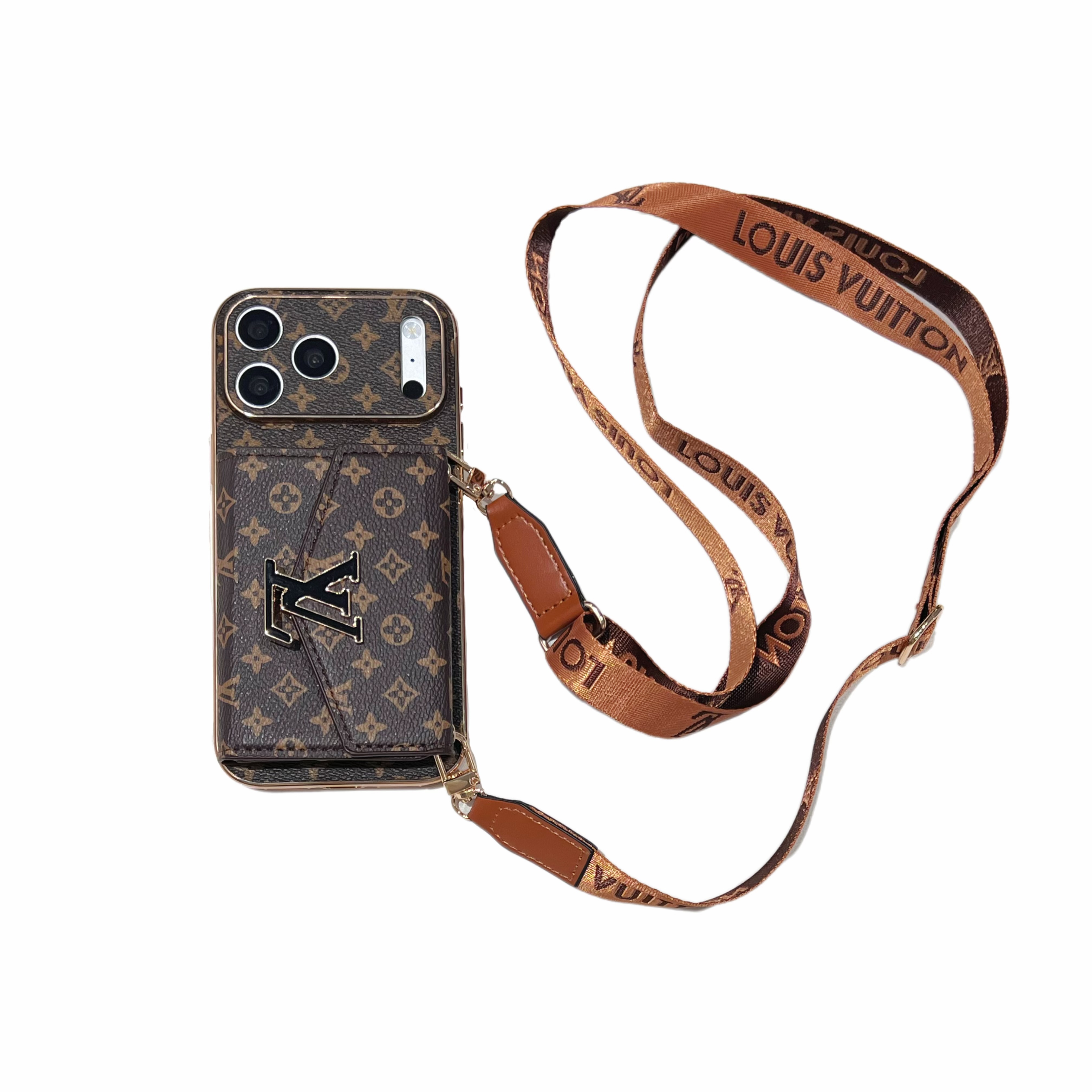 Luxury LV Gucci Designer Style Monogram Crossbody Wallet Case for iPhone - Multi-Card Holder Phone Cover with Detachable Adjustable Lanyard