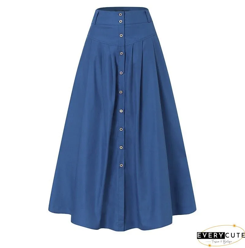 Royal Blue Piped Button Embellished High Waist Maxi Skirt