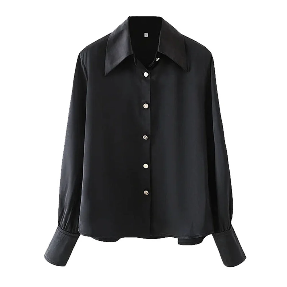 TRAF Women Fashion With Metal Buttons Black Blouses Vintage Long Sleeve Button-up Female Shirts Blusas Chic Tops