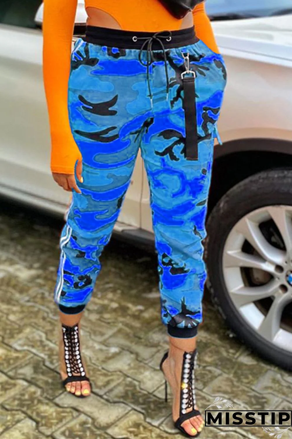 Grey Blue Green Yellow Drawstring Mid Patchwork Print bandage camouflage Loose Capris Bottoms