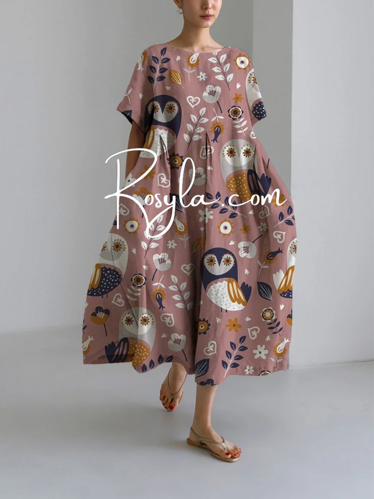 Women's Casual Owl Print Loose Round Neck Medium Length Skirt Dress
