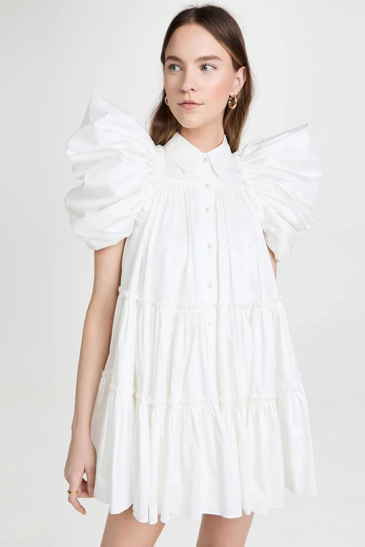 Abebey Swingy Puff Sleeve Ruched Ruffle Babydoll Shirt Mini Dress - White