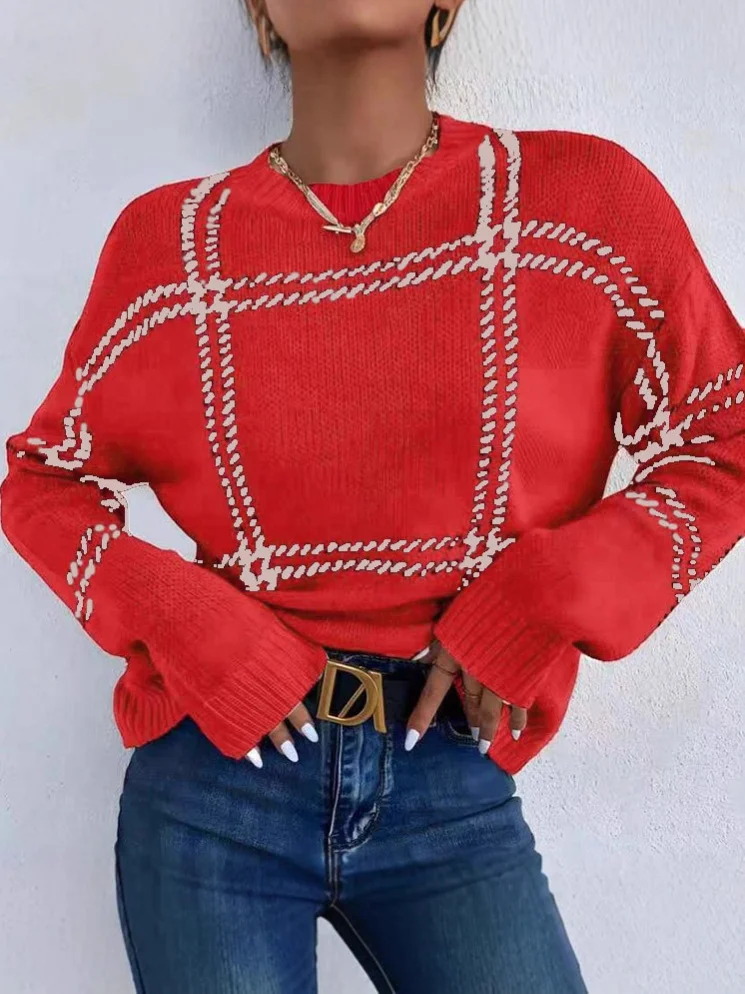 Athvotar Athvotar Autumn And Winter New Lattice Color Collar Sweater Women Casual Long-Sleeved Round Collar Collar Knitted Shirt