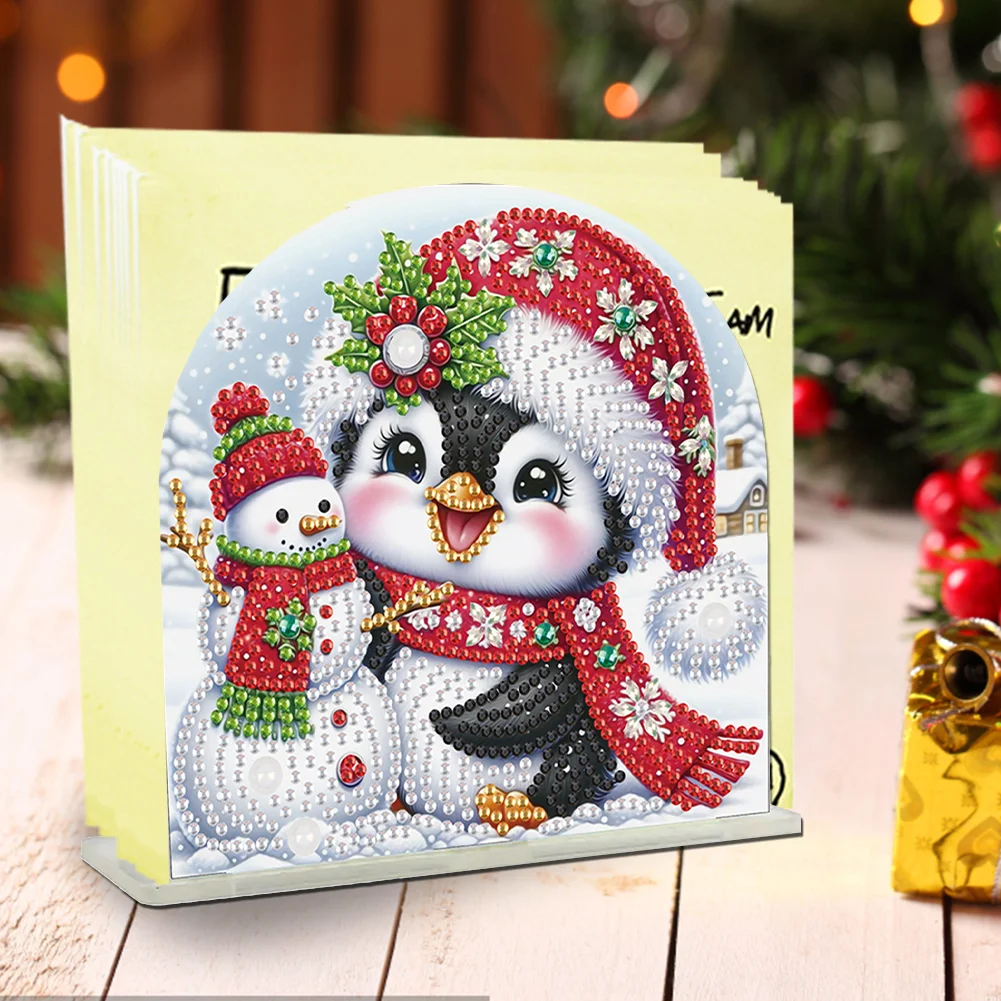 5D DIY Christmas Penguin Snowman Acrylic Diamond Art Painting Napkin Holder Set