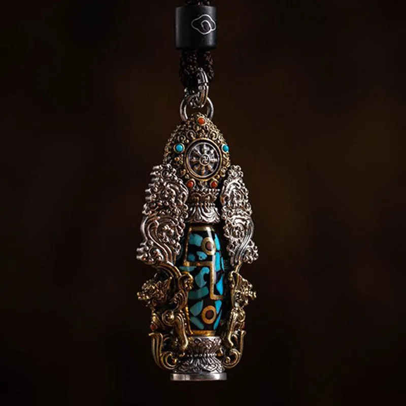 Tibetan Nine-Eye Dzi Bead Turquoise Buddha Wealth Rotation Necklace