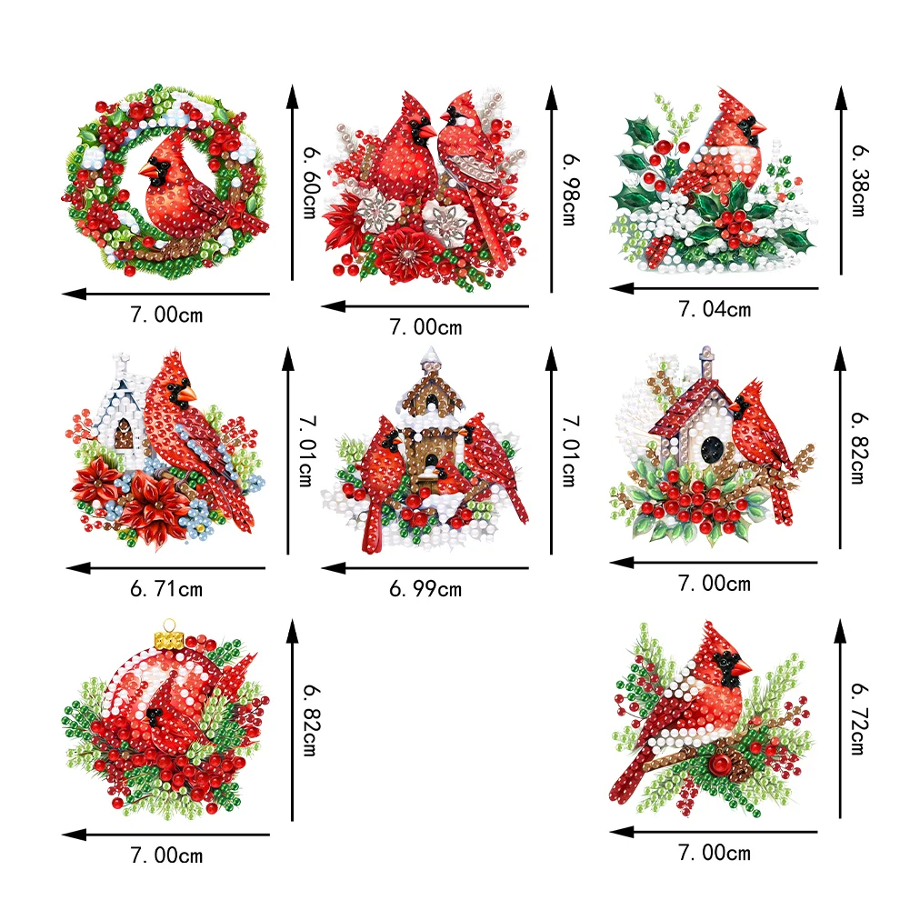 5D DIY 8Pcs Christmas Cardinals Diamond Painting Christmas Tree Pendant for Xmas Tree 