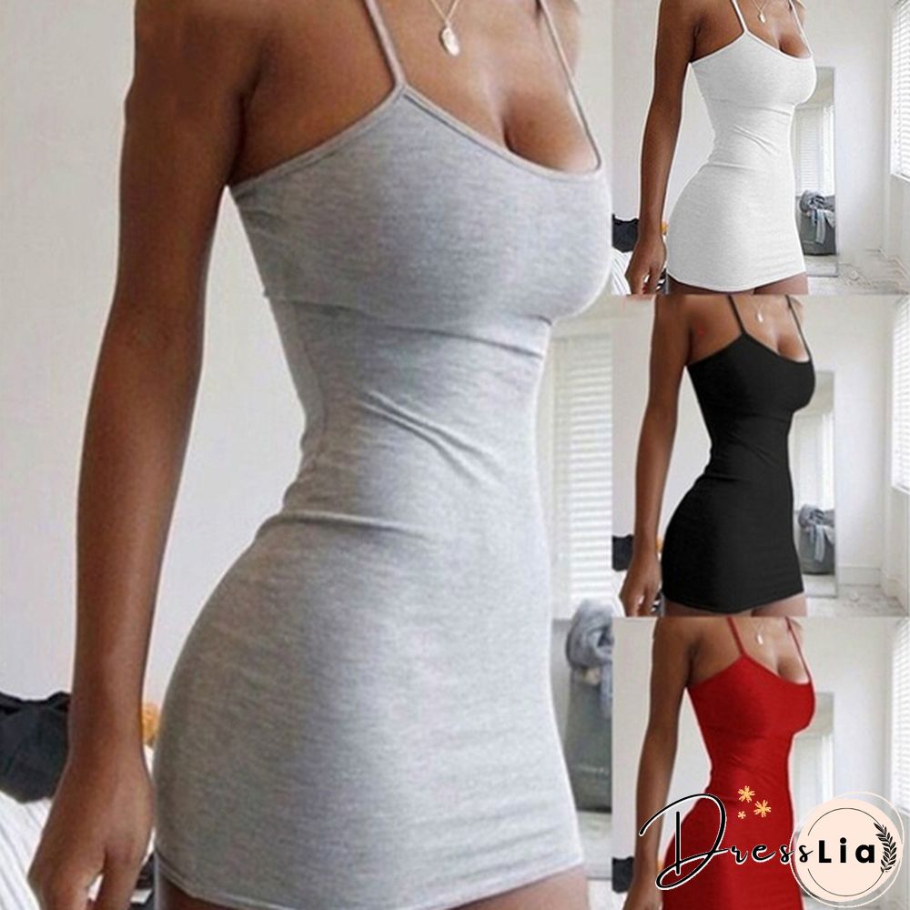Solid Color Sleevless Spaghetti Strap Fitted Dress Summer Slim Short Dress Mini Dress Club Party Dress Women's Fashion