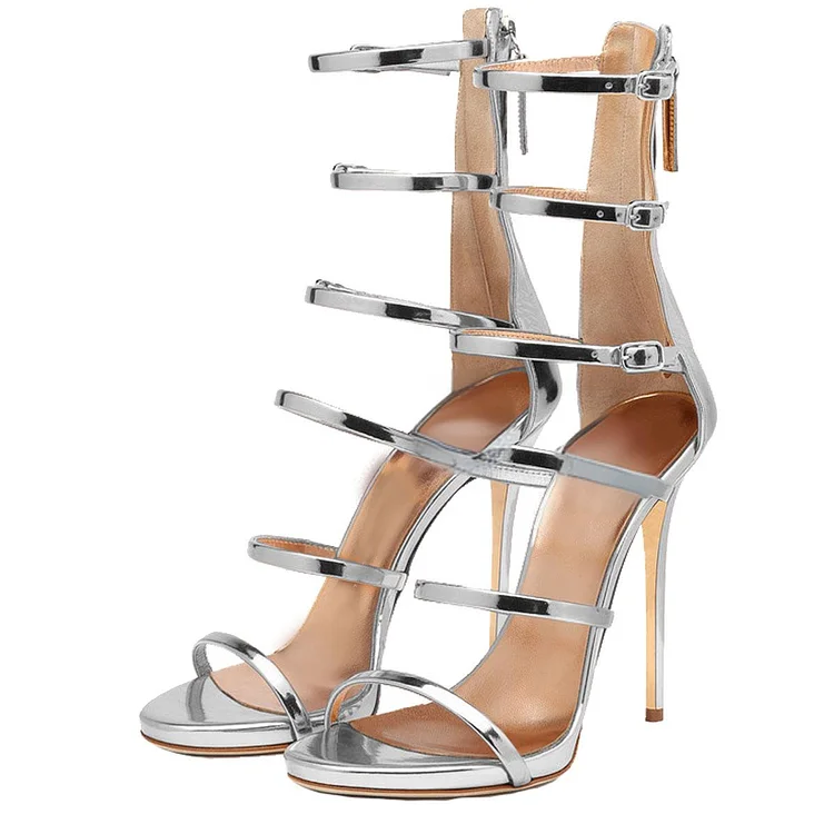 Silver Open Toe Gladiator Stiletto Heel Sandals in Mirror Leather Vdcoo