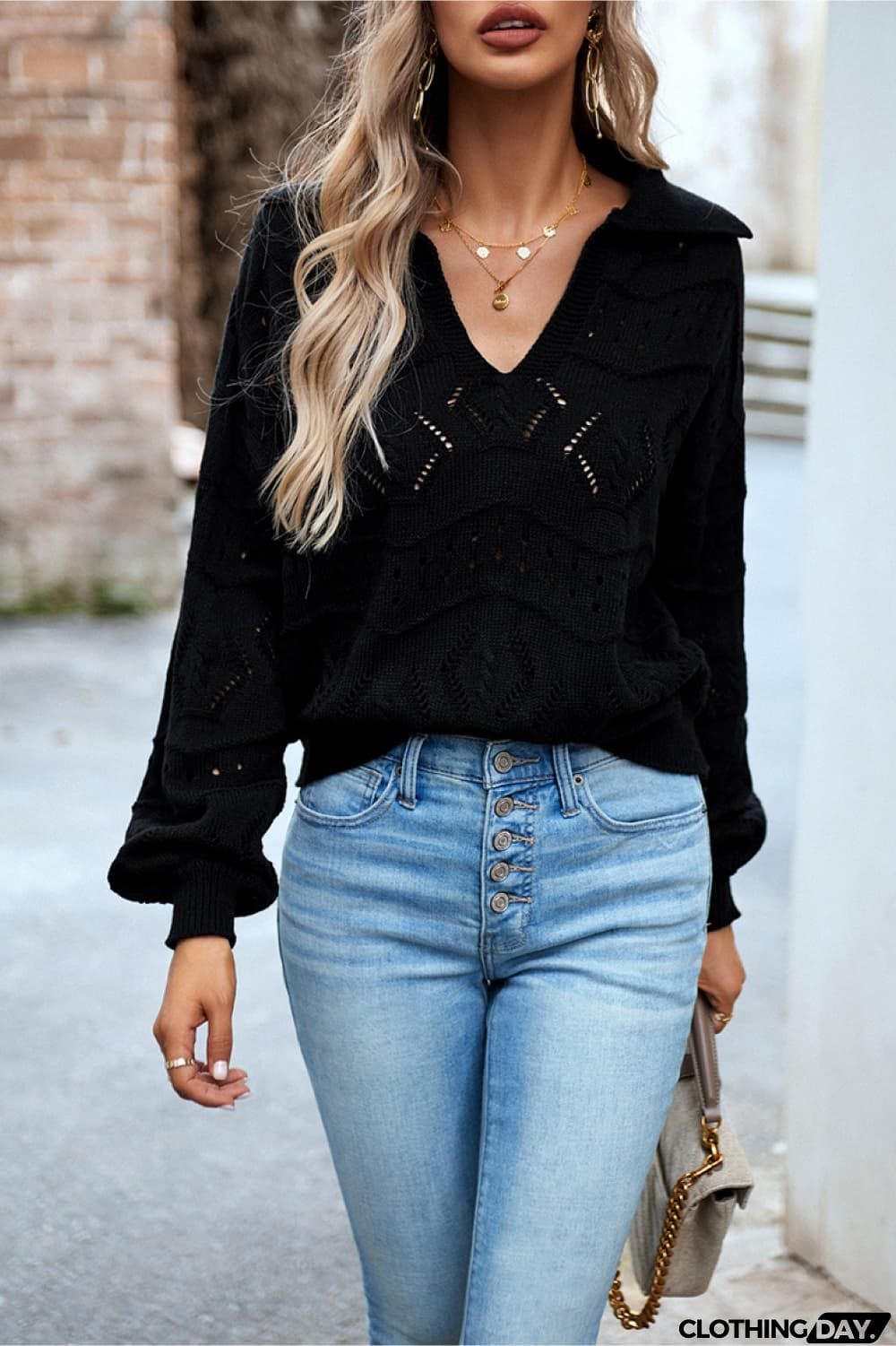 Openwork Long Sleeve Notched Neck Sweater