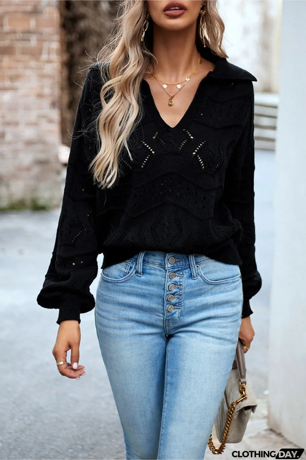 Openwork Long Sleeve Notched Neck Sweater