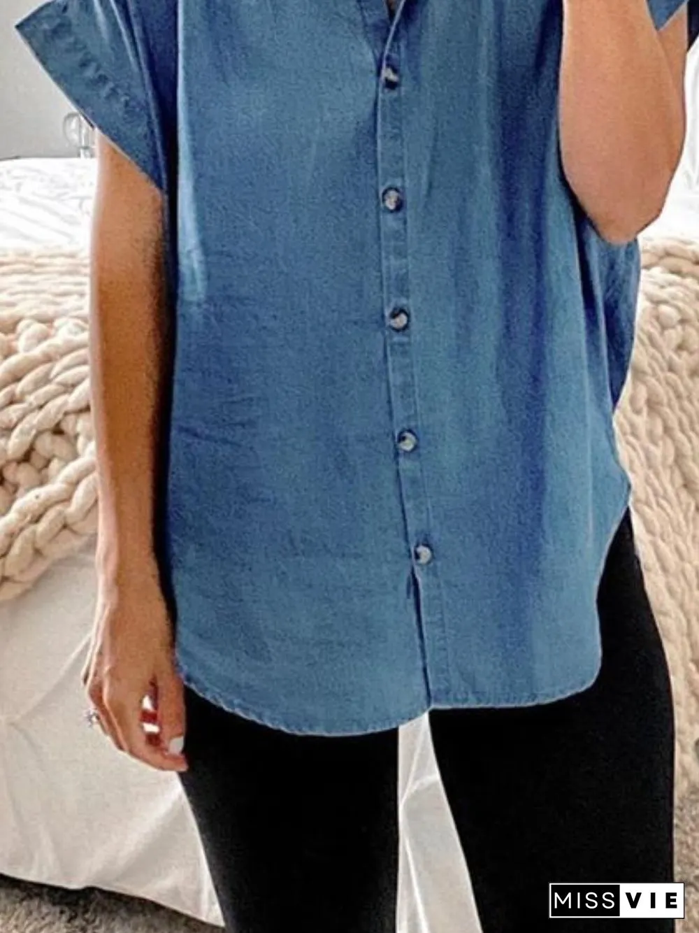 Blue Buttoned Short Sleeve V Neck Tops