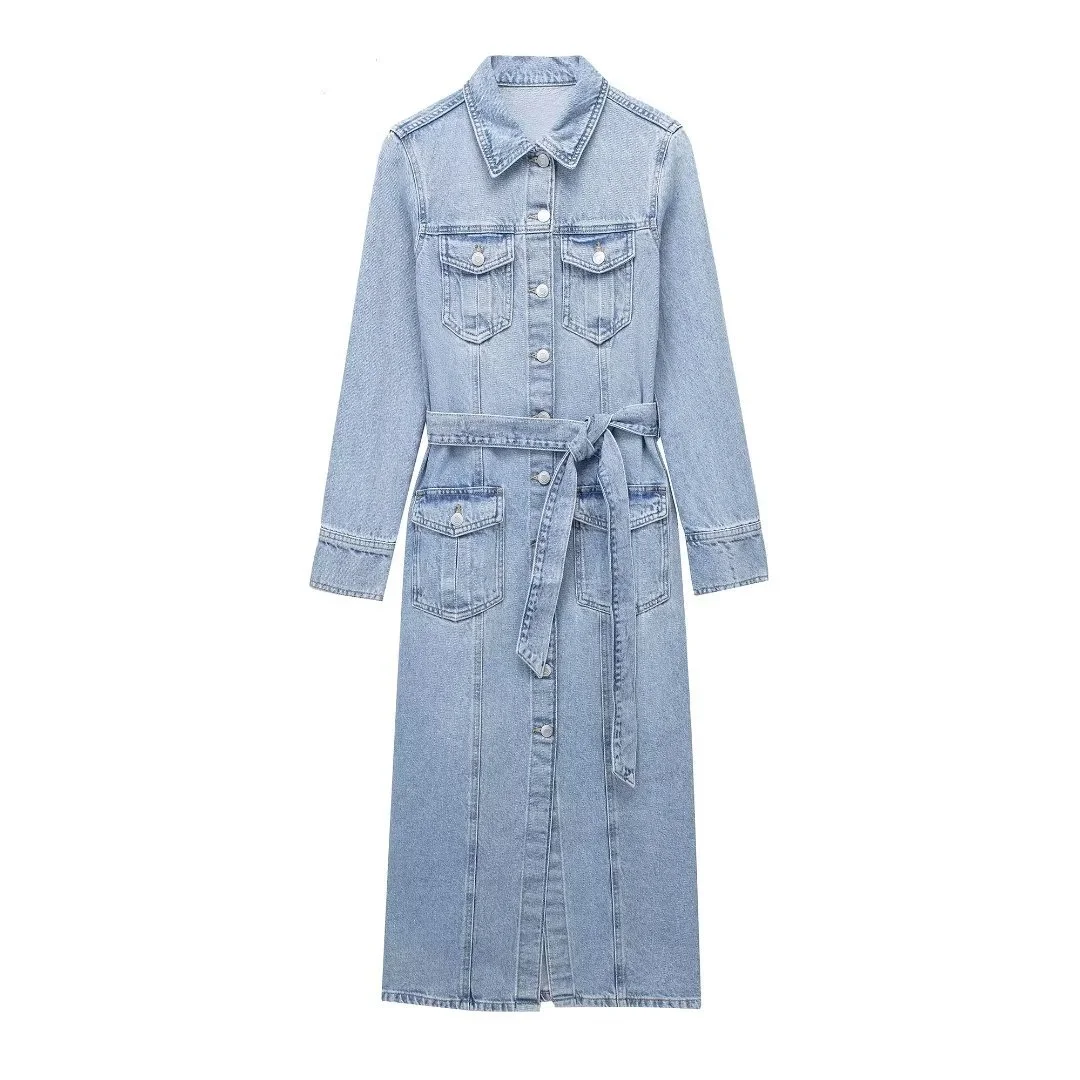 Toloer Toloer Summer New Temperament Lapel Long Sleeves Do Old Jeans Belt Dress Female 2449245-Outfit Ideas