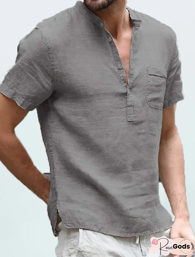 Men's T Shirt Solid Colored Short Sleeve Daily Tops Cotton Basic Streetwear V Neck Gray Green White / Work Linen