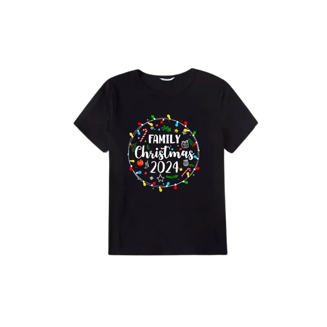 "Family Christmas 2024" Pattern Ⅱ- Black Short Sleeve with Red & Black Plaid Pant Family Matching Pajamas