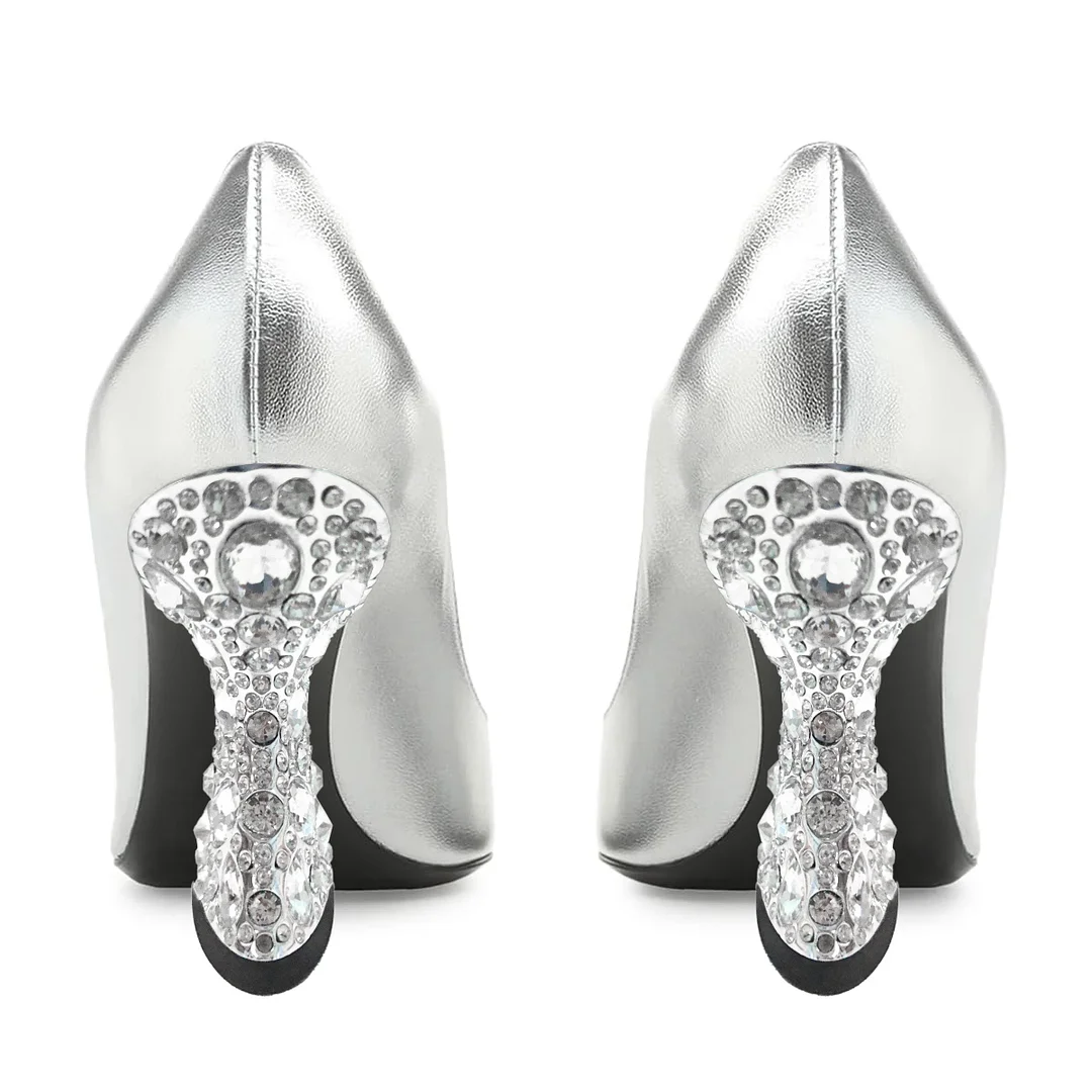 Silver Metallic Finish Croc-Embossed Pointed Heel Pumps