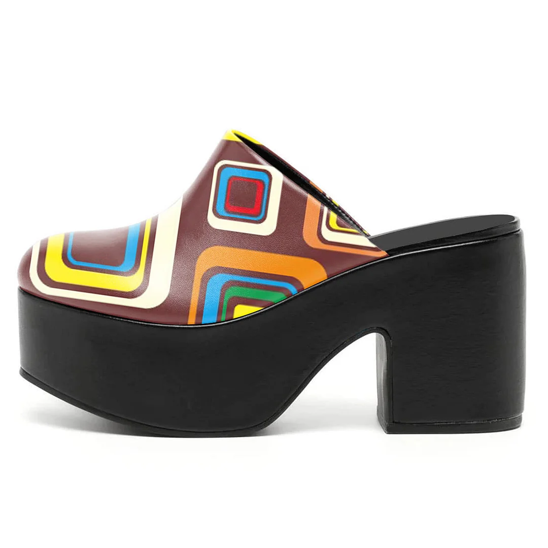 Multicolor Square Print Round Toe Platform Mule Shoes for Women