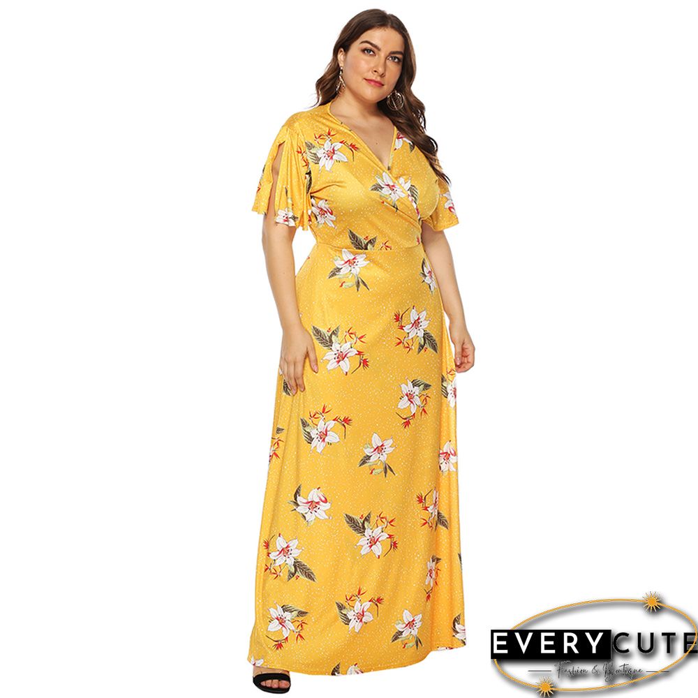 Yellow Floral Print Short Sleeve Plus Size Maxi Dress