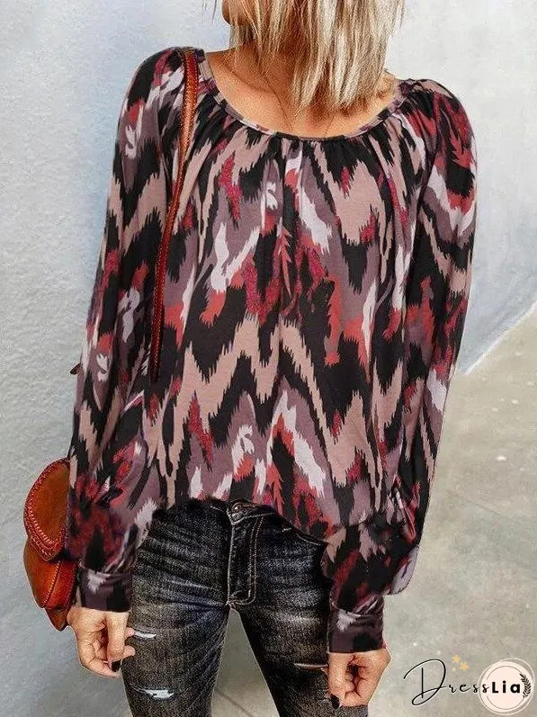 T-Shirts Casual Print Round Neck Long Sleeve T-Shirts for Women