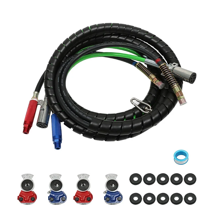 Silscvtt 15 Ft Truck Air Line Hose Kit Heavy Duty 3 in 1 Wrap 7 Way ABS Power Cord Airlines Assembly with Service Emergency Glad Hands Rubber Seals Teflon Tape for Semi Trucks Tractor Trailer