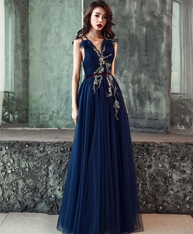 Dark Blue V Neck Tulle Lace Long Prom Dress, Blue Tulle Evening Dress