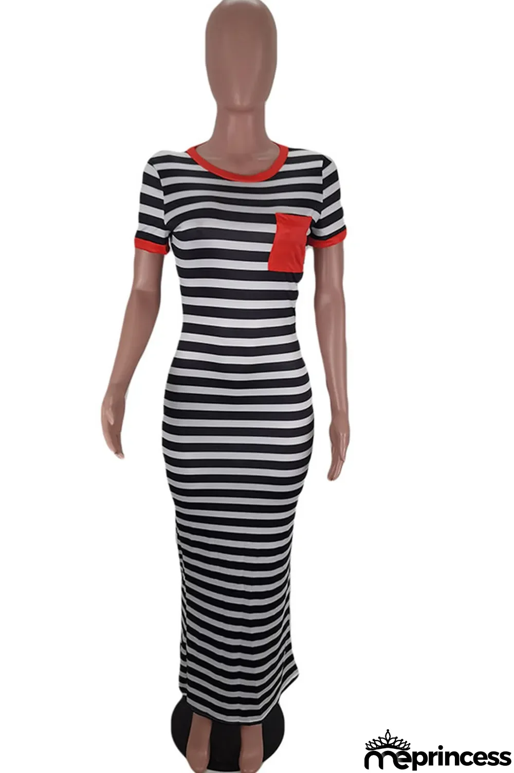 Red Milk. Casual Red Yellow Bat sleeve Short Sleeves O neck Step Skirt Ankle-Length Striped Print Dresses