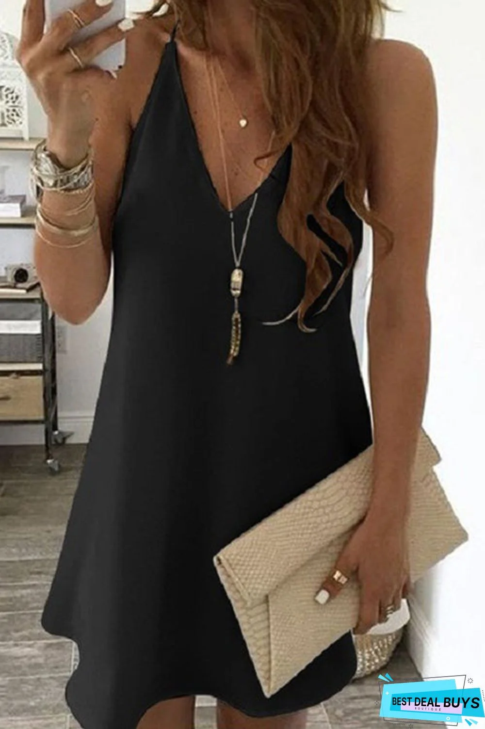 Solid V Neck Sleeveless Mini Dress