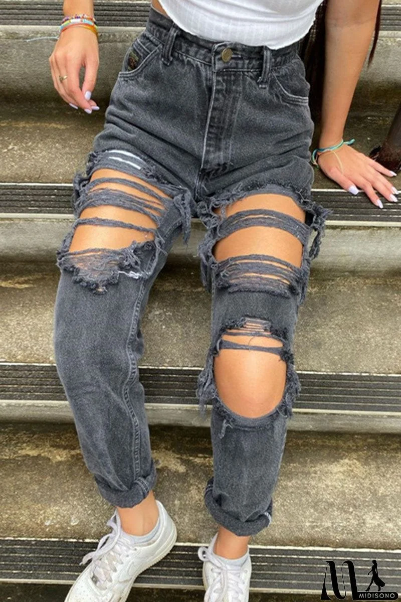 MidiSono - Fashion Sexy Solid Ripped Mid Waist Straight Denim