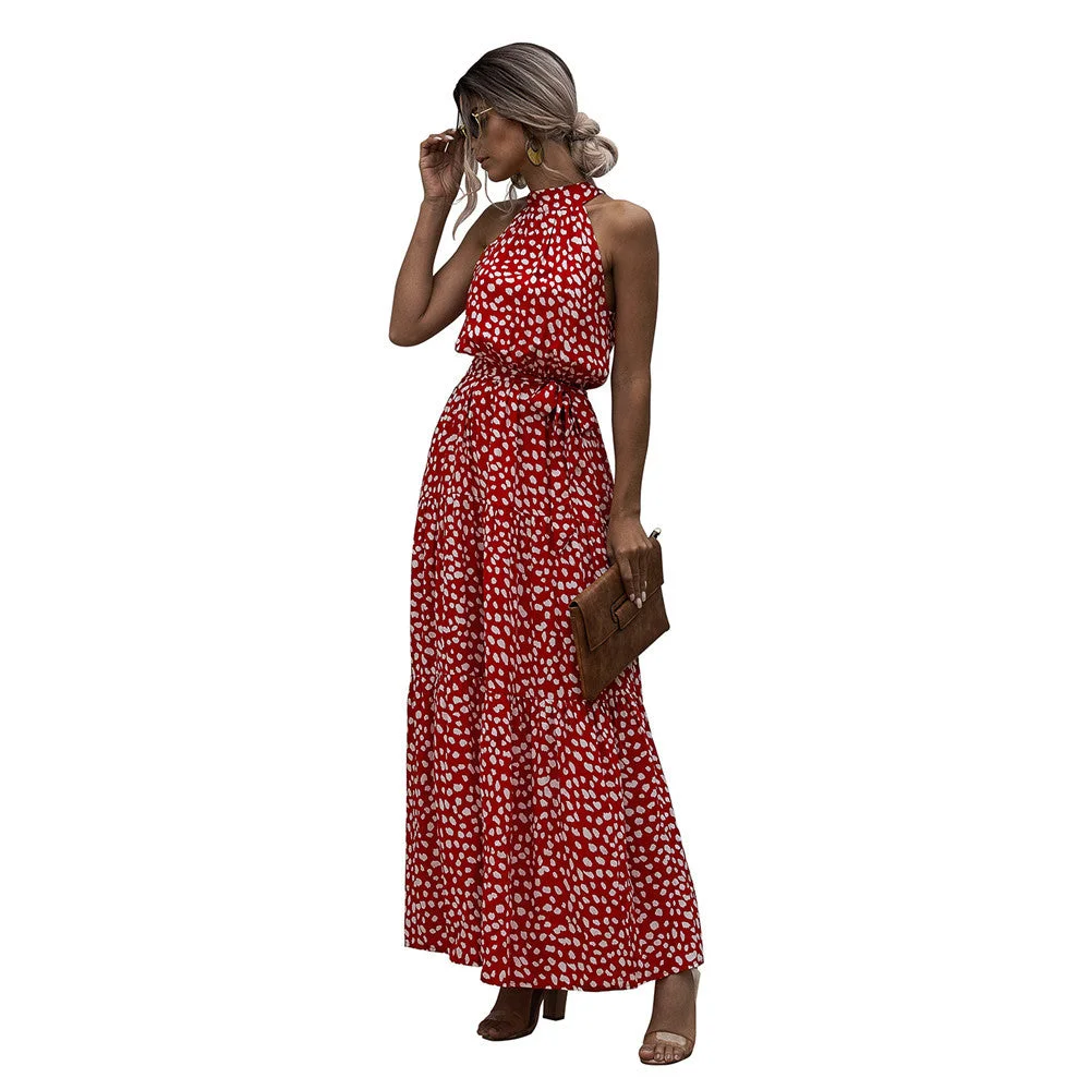 Brownm Dot Printed Lace Up Halter Tied Long Dress