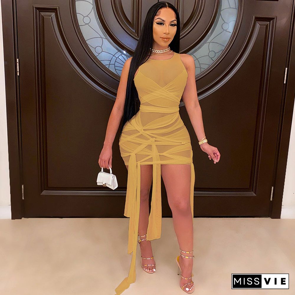 ANJAMANOR Sexy Mesh Bandage Dress Summer ClothesFor Women Birthday Party Club Outfits Bodycon Mini Dresses D12-BI30
