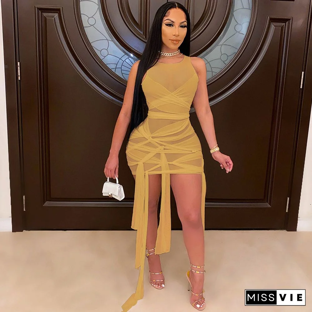 ANJAMANOR Sexy Mesh Bandage Dress Summer ClothesFor Women Birthday Party Club Outfits Bodycon Mini Dresses D12-BI30
