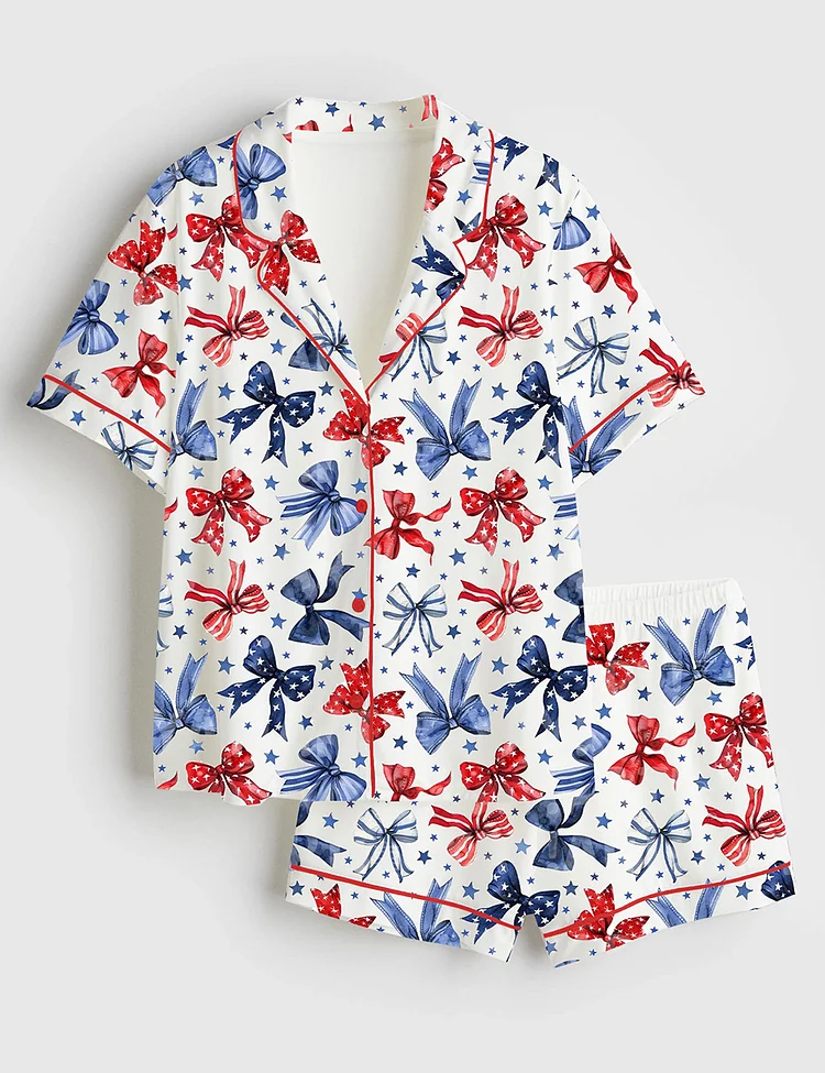 Women&rsquo;s Patriotic Bows 4th Of July Red White And Blue Ribbon Short Sleeve Satin Pajama Set