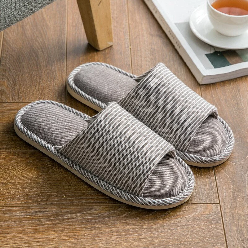 Linen Indoor Slippers Four Seasons Striped Cotton Slippers Couples Absorbing Sweat Soft Bottom Home Wood Floor Sandals Chinelos