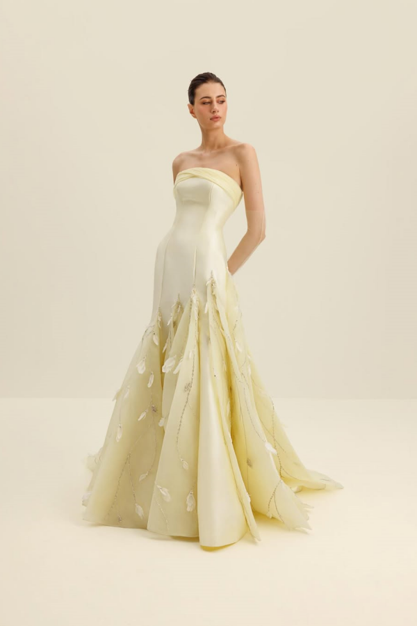 strapless open back dress Off the Shoulder Light Yellow Ruffle Layered Prom Dress – FancyVestido main image 1