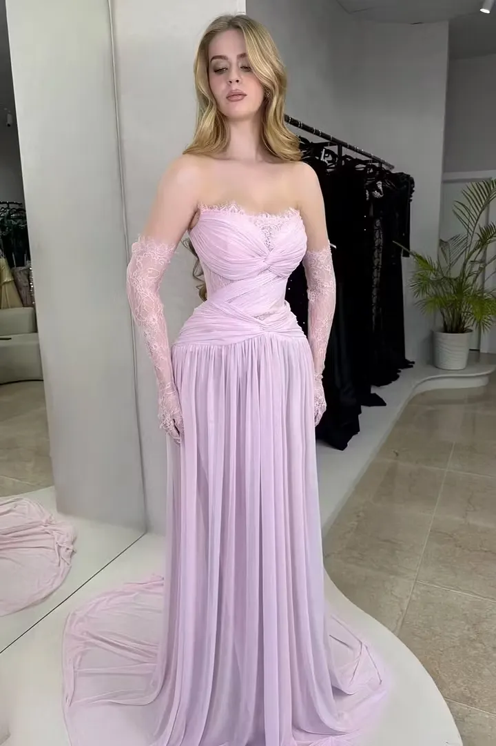 Dreamy Pink Chiffon Strapless High-Waisted Long Prom Dress With Lace Gloves | LR0486 Wellcucu