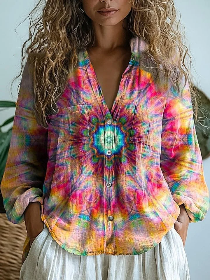Glowing Mandala Art Printed Women's Casual Long Sleeve Comfortable Cotton Shirt