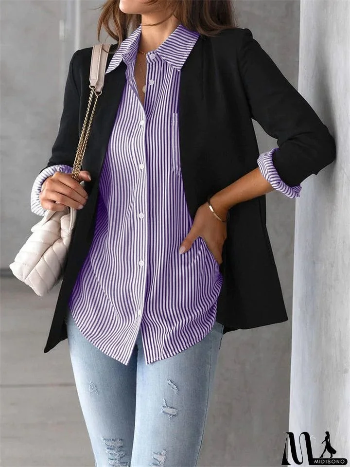 MidiSono - Autumn Leisure Stripe Lapel Long Sleeve Plus Size Women Blouses