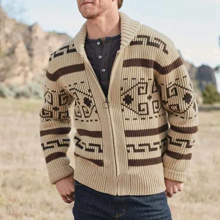 Casual Geo Jacquard Knitted Lapel Collar Long Sleeve Zipper Jacket