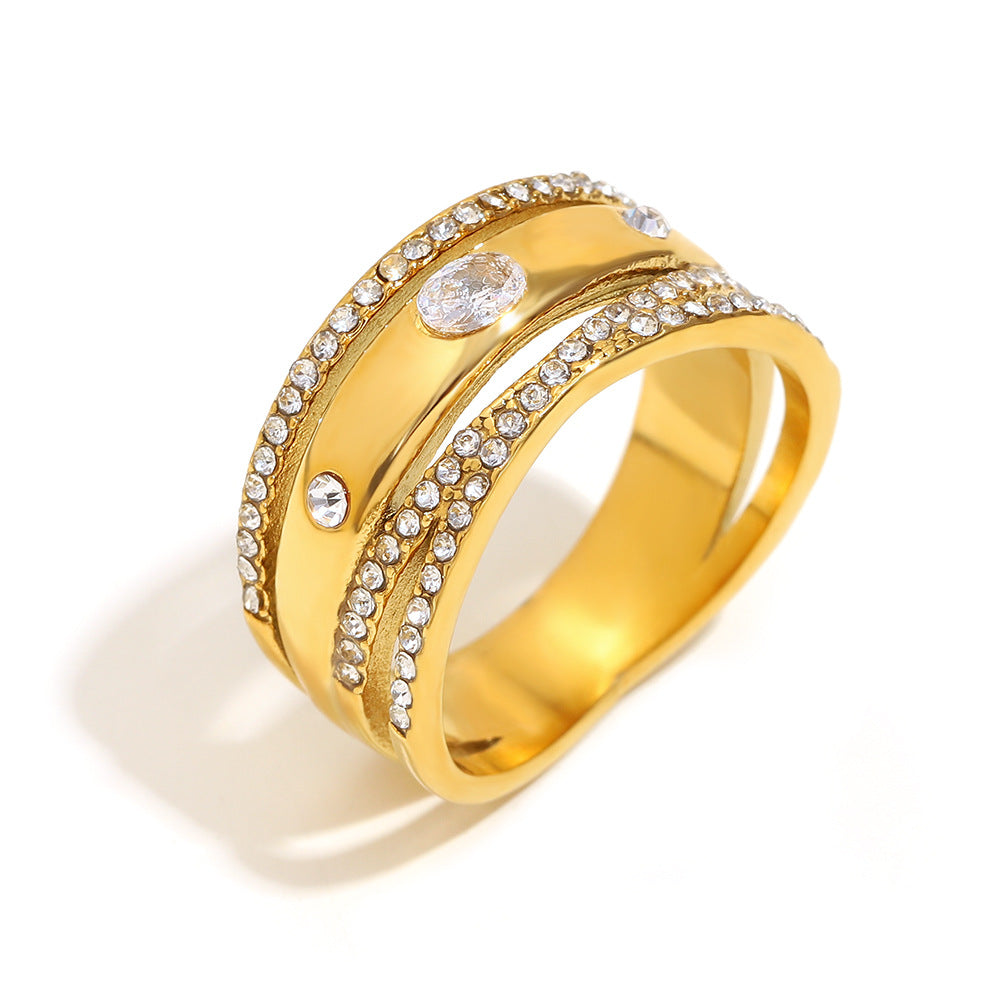 Hot Selling Personalized Niche Ring Stainless Steel 18K Gold Plated Multi-Layer Zircon Ring