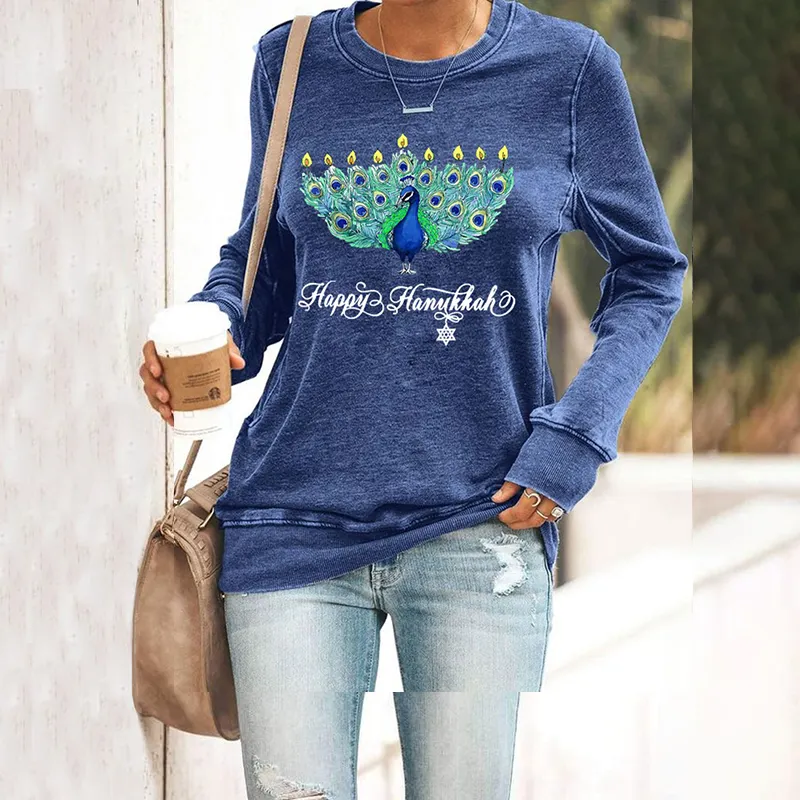 Women's Peacock Happy Hanukkah Printed Sweatshirt