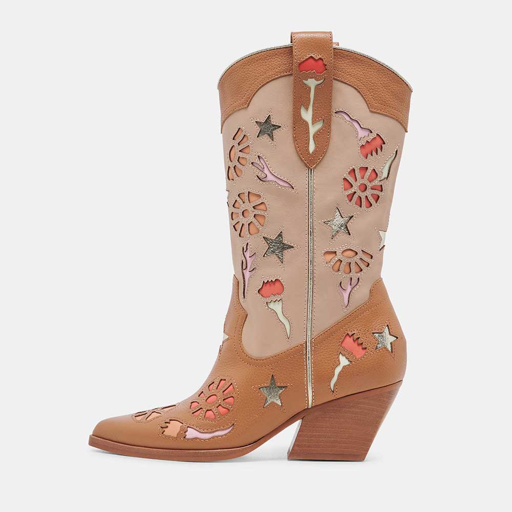 Brown & Beige Vegan Leather Floral Inlay Cowgirl Block Heel Boots Nicepairs