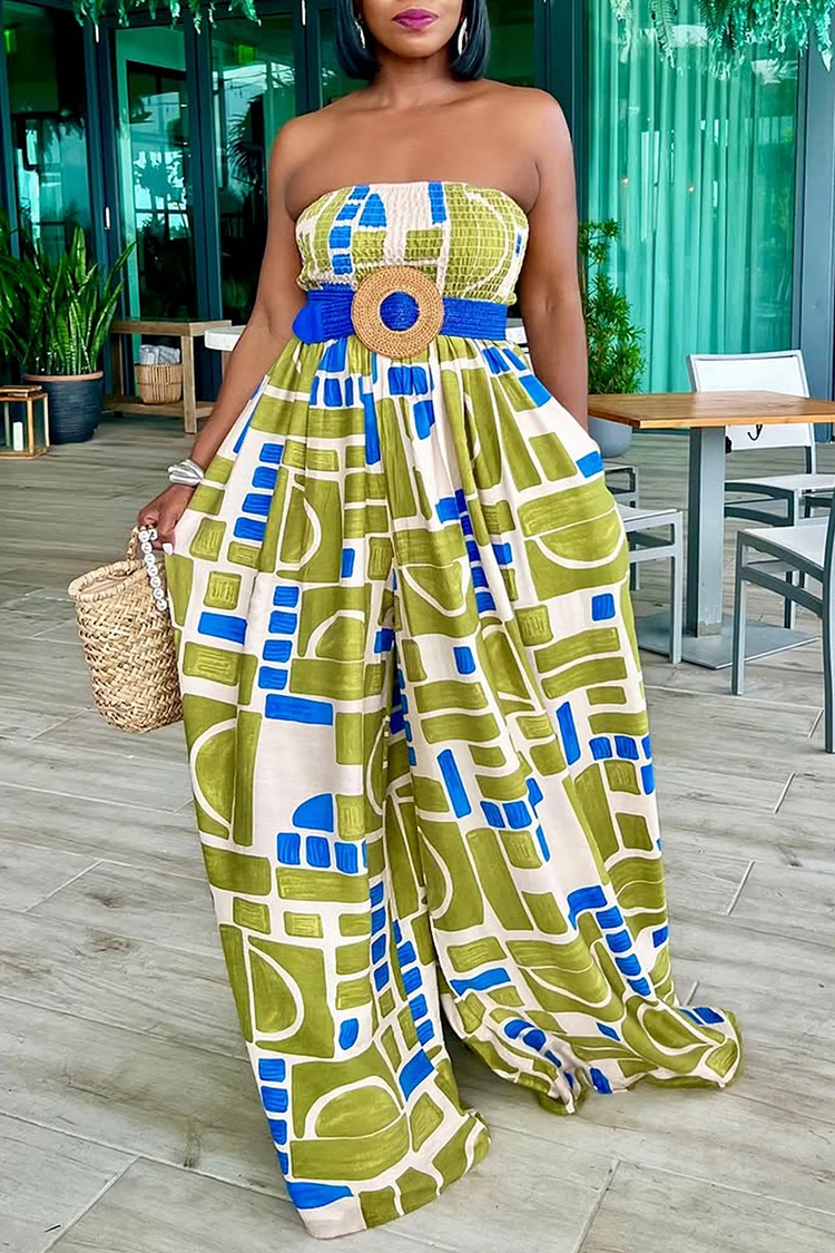 Plus Size Vacation Green Boho All Over Print Smocking Pocket Jumpsuits (Without Belt) [Pre-Order] 2024 - Xpluswear
