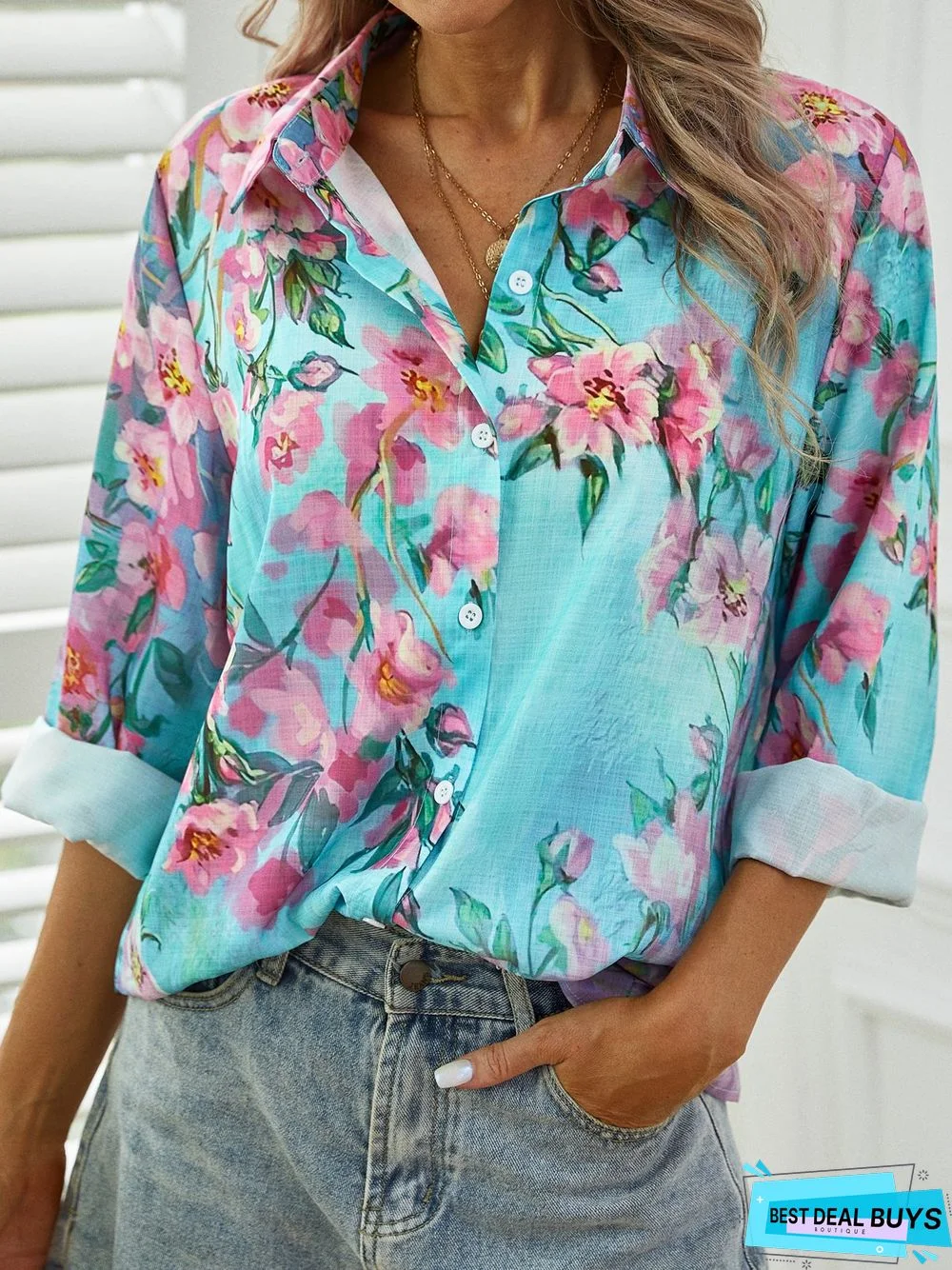 Casual Floral Autumn Polyester No Elasticity Daily Loose H-Line Shirt Collar Blouse for Women