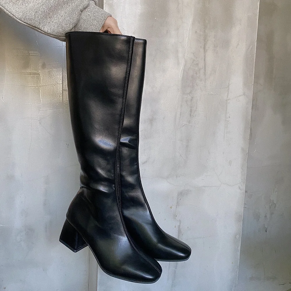 Women Warm Long Boots Woman Knee High Booties Ladies Shoes Platform Thick Heel PU Leather Soft Zipper Woman Fashion Winter 2022