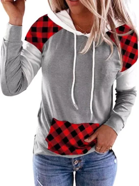 Women Long Sleeve Hooded Plaid Sweatershirt Top
