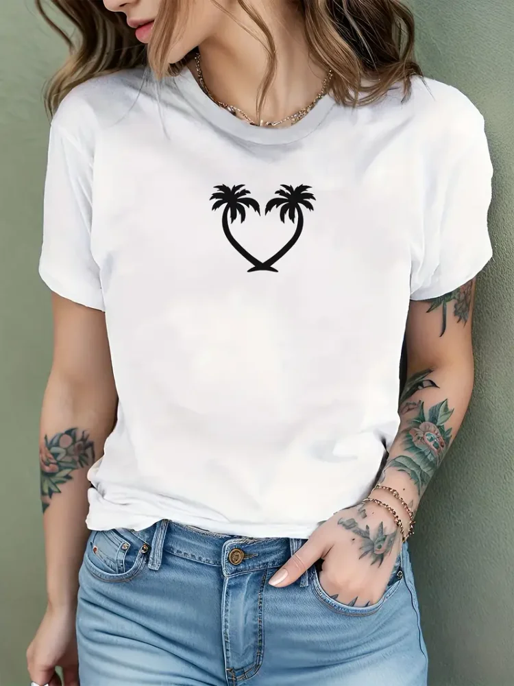 Coconut Tree Print Crew Neck T-shirt  Casual Short Sleeve Top For Spring & Summer  Women's Clothing