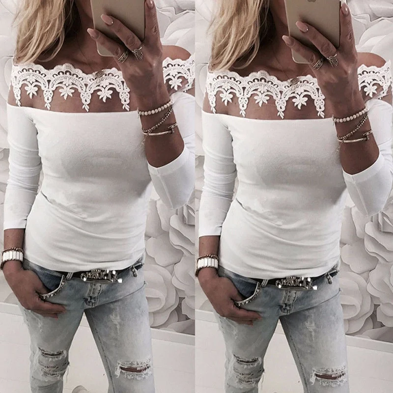 Fashion Women Blouses White Lace Blouse Off Shoulder Blouse Women Long Sleeve Shirt Womens Blouses And Tops Casual Ladies Tops