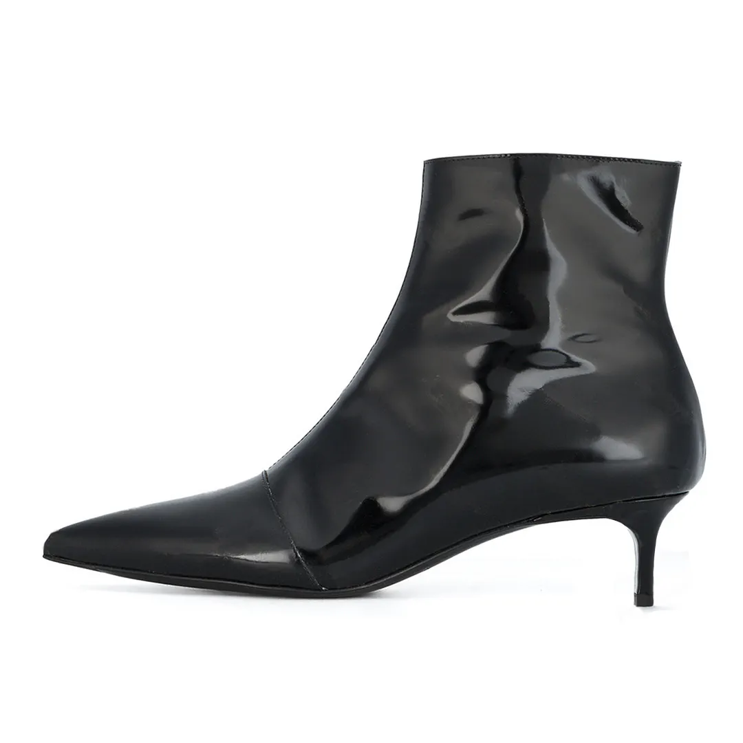 Stylish Vegan Leather Pointed Toe Black Ankle Boots with Kitten Heel