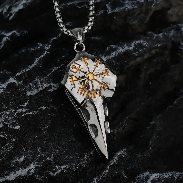 Coutureaura Raven Crow Head Vegvisir Necklace